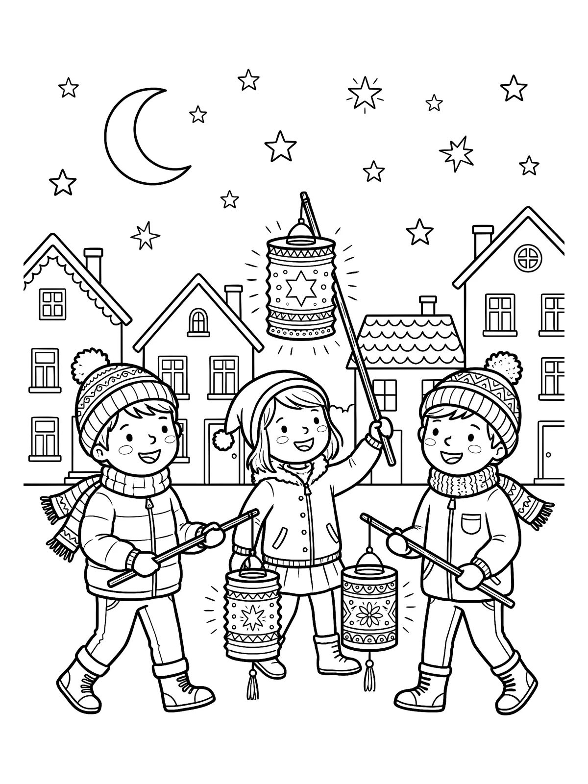 Laternenumzug Drei Kinder mit Laternen beim Laternenumzug durch die Stadt, Ausmalbild