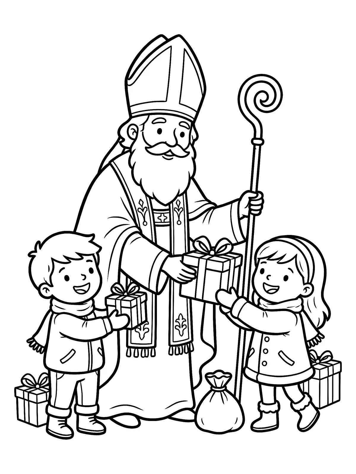 Nikolaus mit Kindern Nikolaus als Bischof schenkt zwei Kindern Päckchen, Ausmalbild