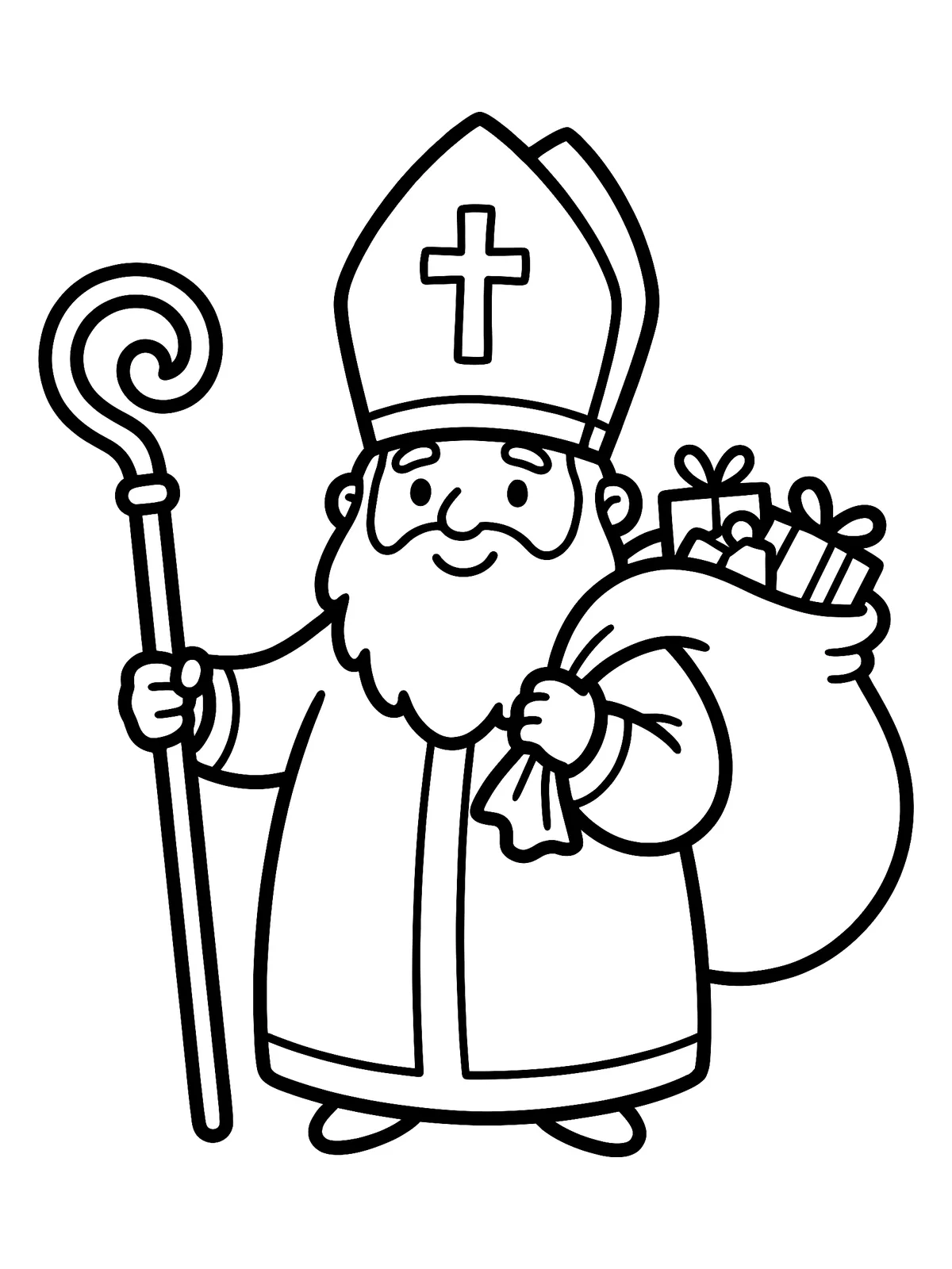 Nikolaus mit Sack Heiliger Nikolaus mit Mitra, Bischofsstab und Geschenkesack, Ausmalbild