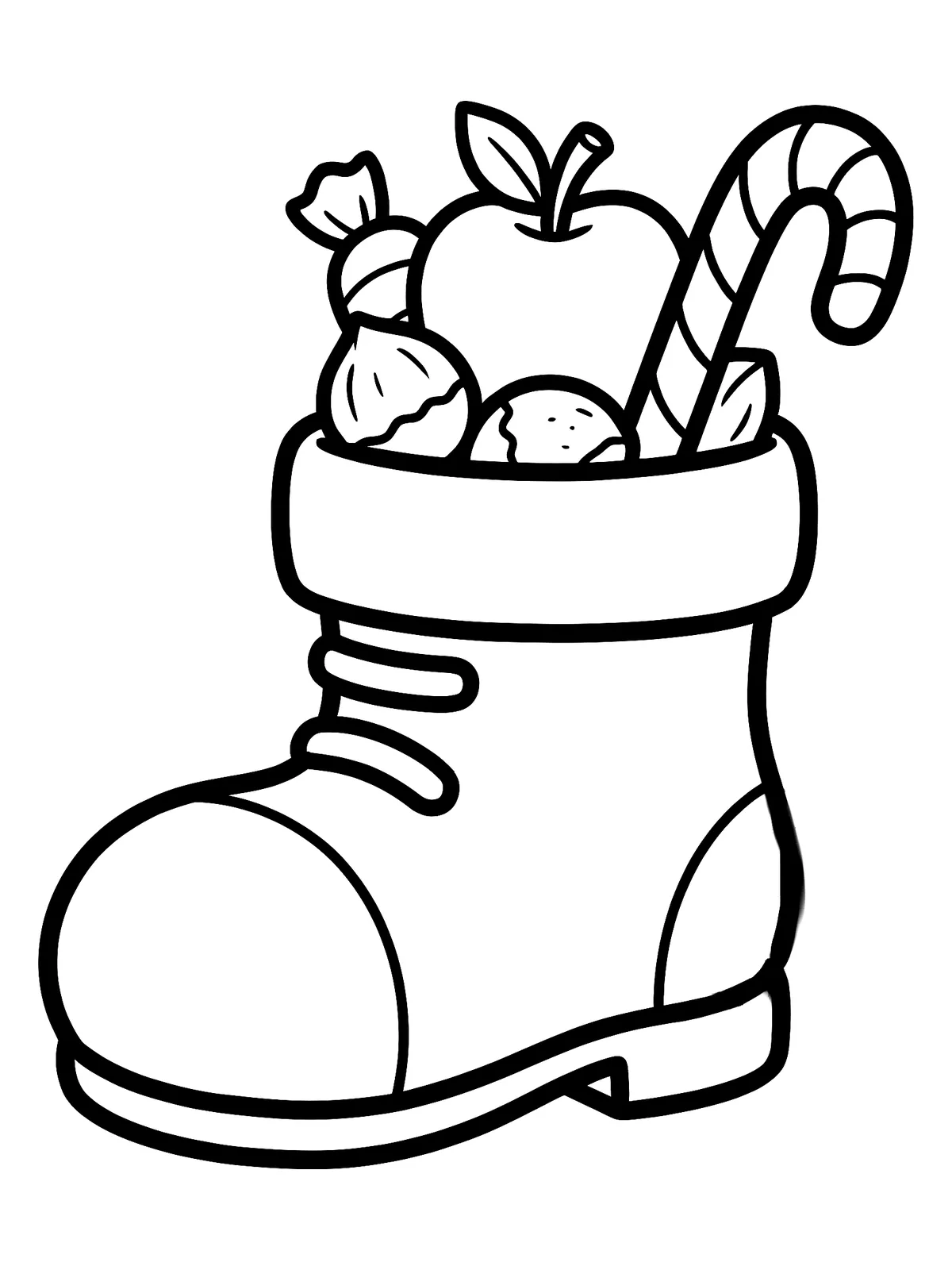 Nikolausstiefel Nikolausstiefel gefüllt mit Apfel, Nüssen und Zuckerstange, Ausmalbild