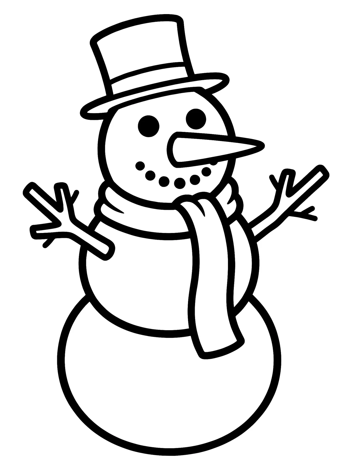 Schneemann Schneemann mit Zylinder, Schal, Karottennase und Stockarmen, einfaches Ausmalbild