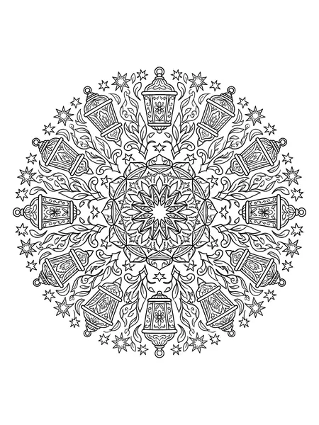 Rundes Mandala aus Laternen, Sternen und Blättern, Ausmalbild