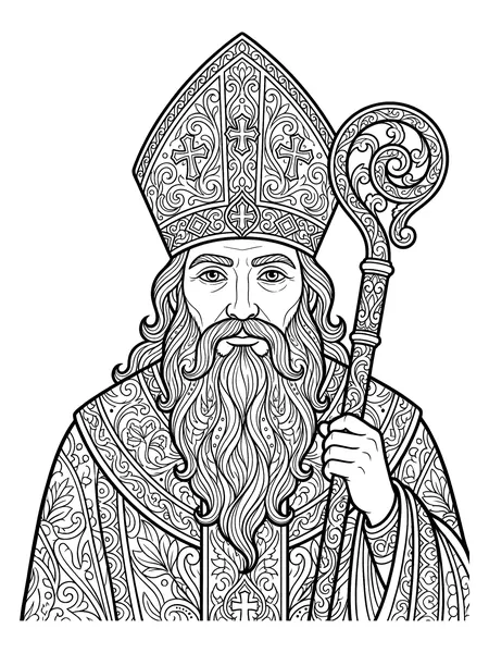 Detailreiches Portrait des Heiligen Nikolaus mit Mitra und Stab, Ausmalbild