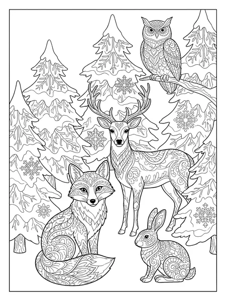 Fuchs, Hirsch, Hase und Eule im verschneiten Winterwald, Ausmalbild