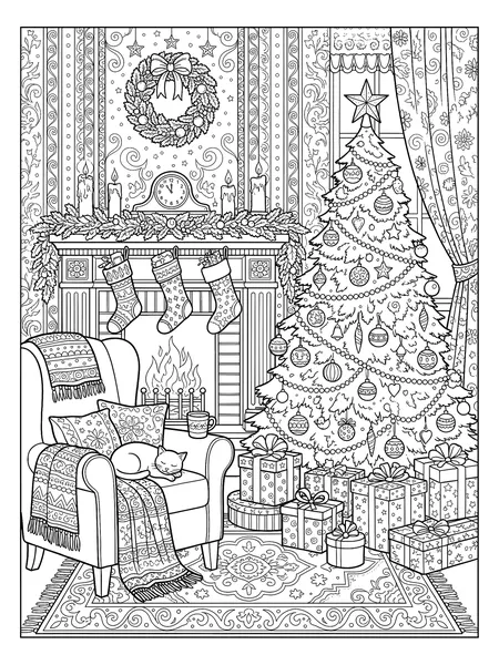 Weihnachtsstube mit Kamin, Strümpfen, Tannenbaum und Geschenken, Ausmalbild