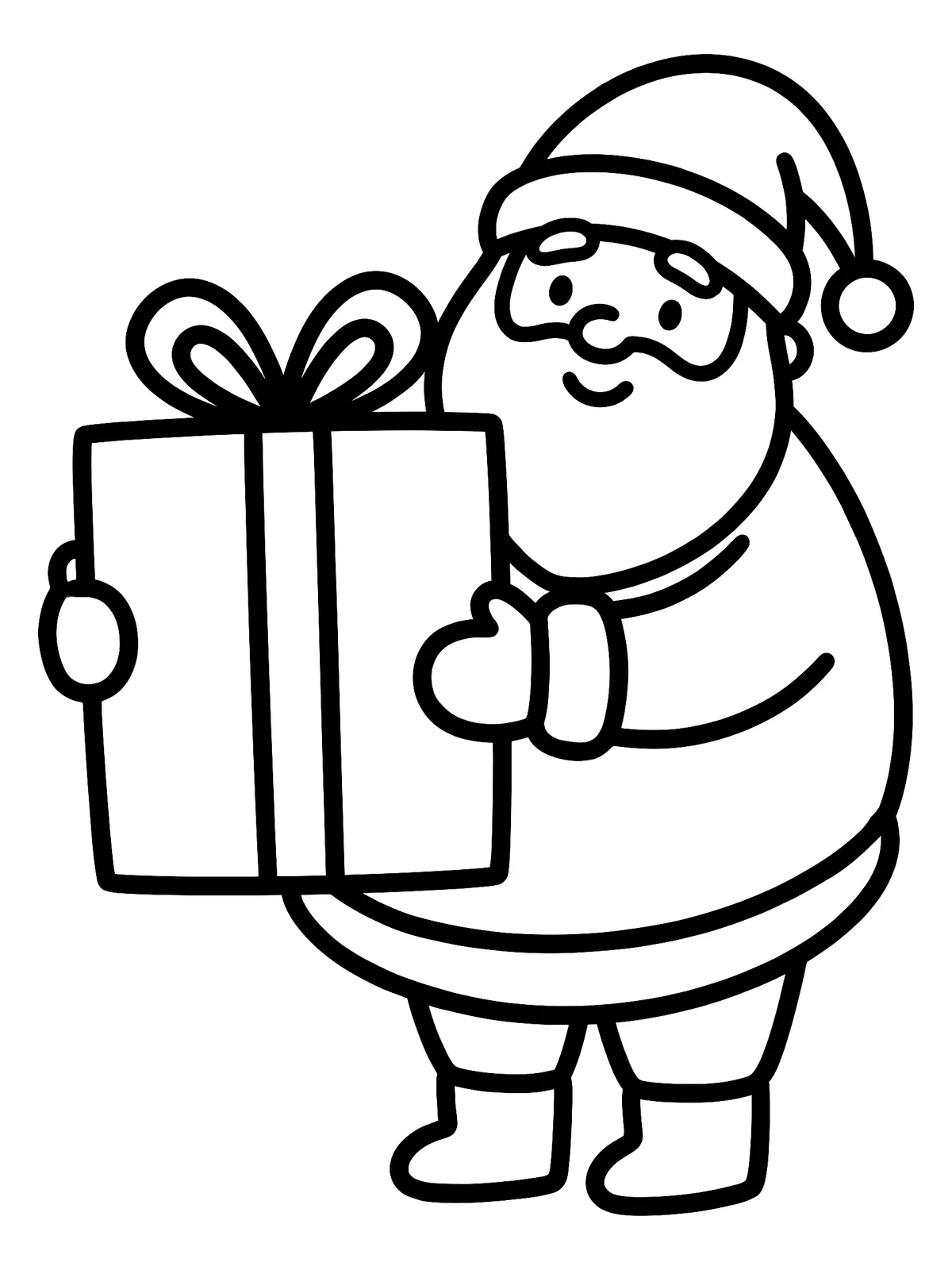 Weihnachtsmann mit Geschenk Weihnachtsmann hält ein großes Geschenk, einfaches Ausmalbild für Kinder